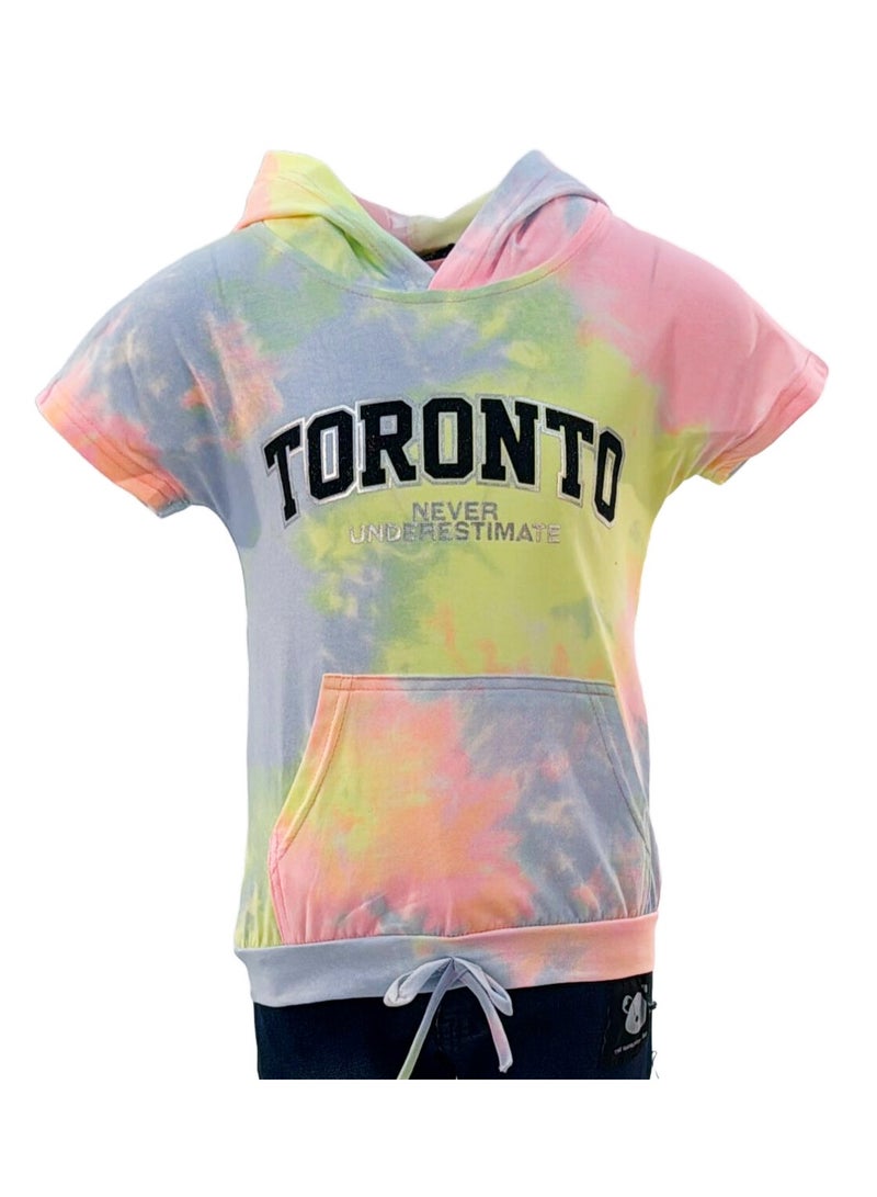 JOANNA JOANNA 23KY407B Girl's Toronto Never Underestimate Print Lowered Pocket Hoodie Short Sleeve T-Shirt - Purple/Yellow/Pink  - Image 1
