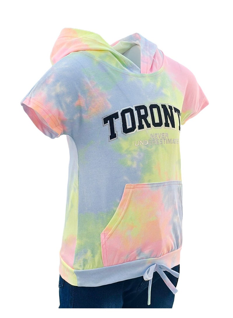 JOANNA JOANNA 23KY407B Girl's Toronto Never Underestimate Print Lowered Pocket Hoodie Short Sleeve T-Shirt - Purple/Yellow/Pink  - Image 2