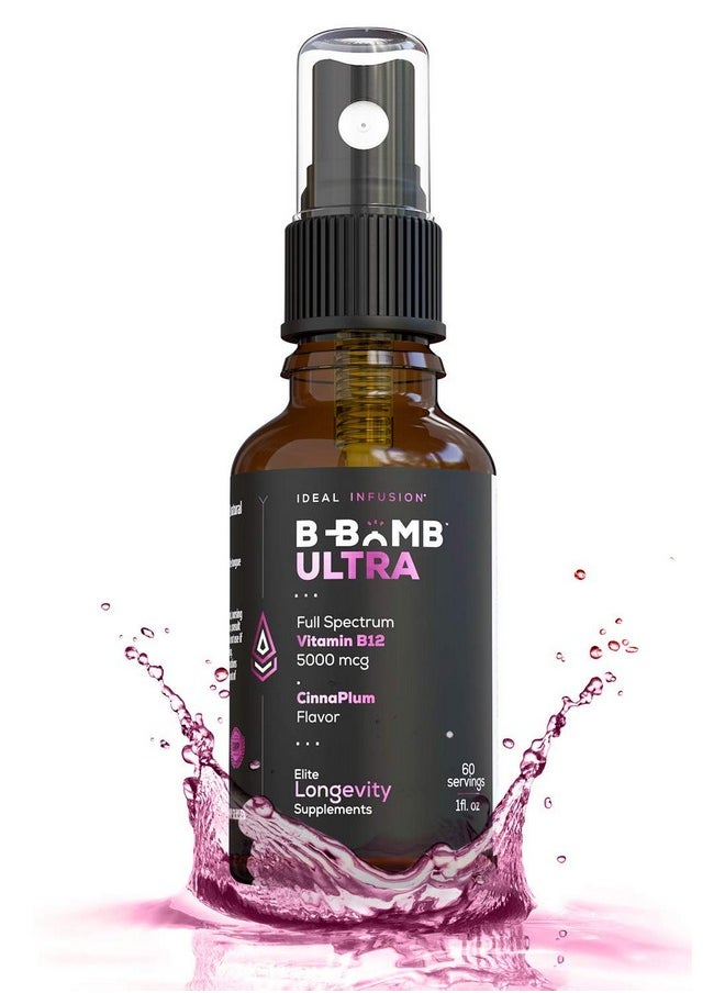 آيديا إنفيوجن - رذاذ سائل Ideal Infusion B-Bomb Triple B12 Vitamin Liquid Spray: Methylcobalamin, Adenosylcobalamin, Hydroxocobalamin - معزز لصحة الأعصاب والطاقة - 5000 ميكروجرام، كيتو، خالٍ من السكر (CinnaPlum العضوي) - Image 1