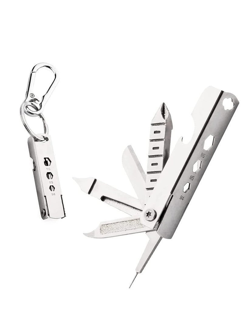 Keychain Multi-Tool, 11 in 1 Multi-Tool, Small Outdoor Gadgets, Screwdriver, Bottle Opener, Bicycle Spokes, etc, Birthday Gift (Silver) - Image 1