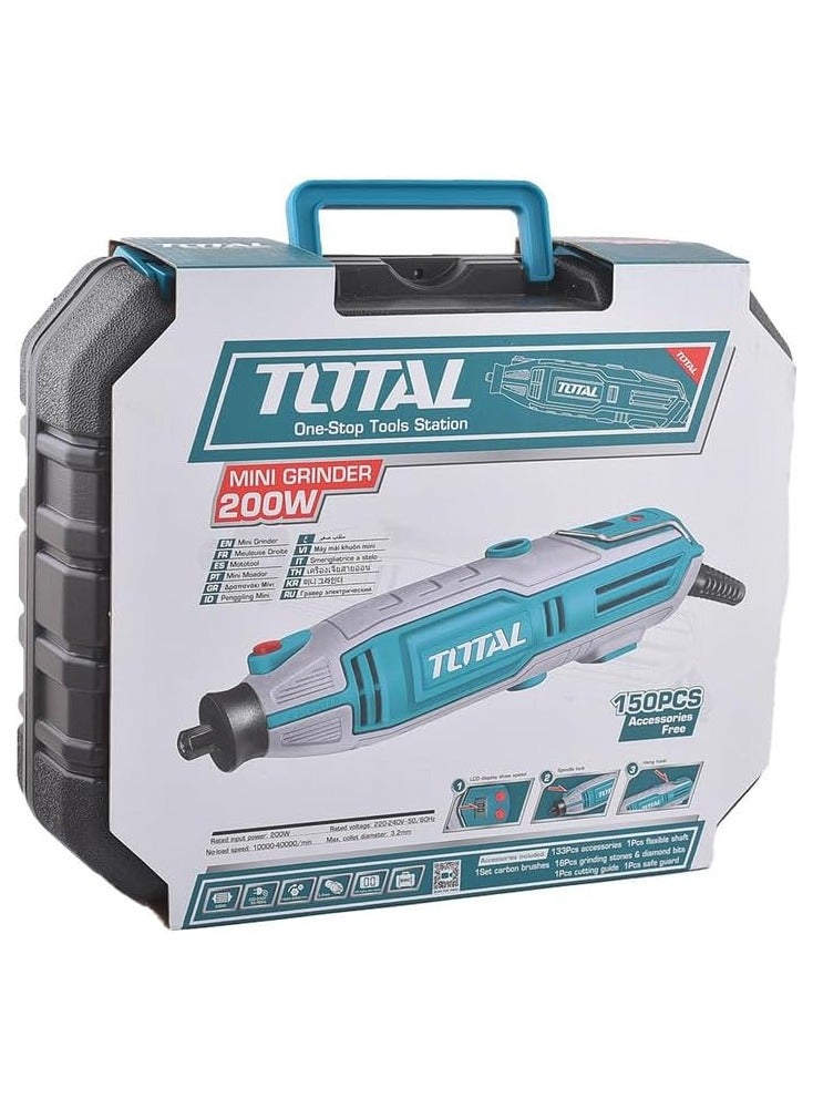 TOTAL Mini Craft Digital, Multi-Speed Drill and Handicraft Tool for Engraving, Drawing, and Handmade Product Creation, Engraving, Sanding, Polishing, and Shaping Tool for Wood, Marble, and Metals, 150 Pieces - 200 Watts  - Image 1