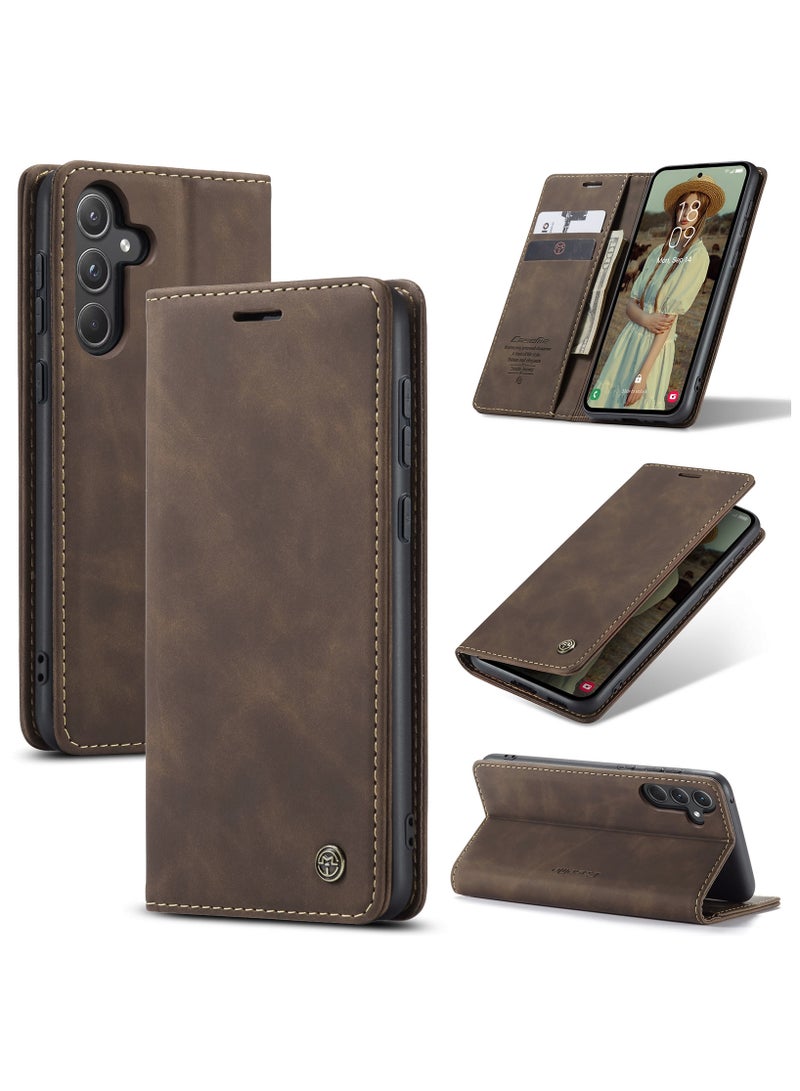 CaseMe Samsung Galaxy A55 Wallet Case Book Folding Flip Folio Case with Magnetic Kickstand Card Slots Protective Cover - Coffee - Image 1