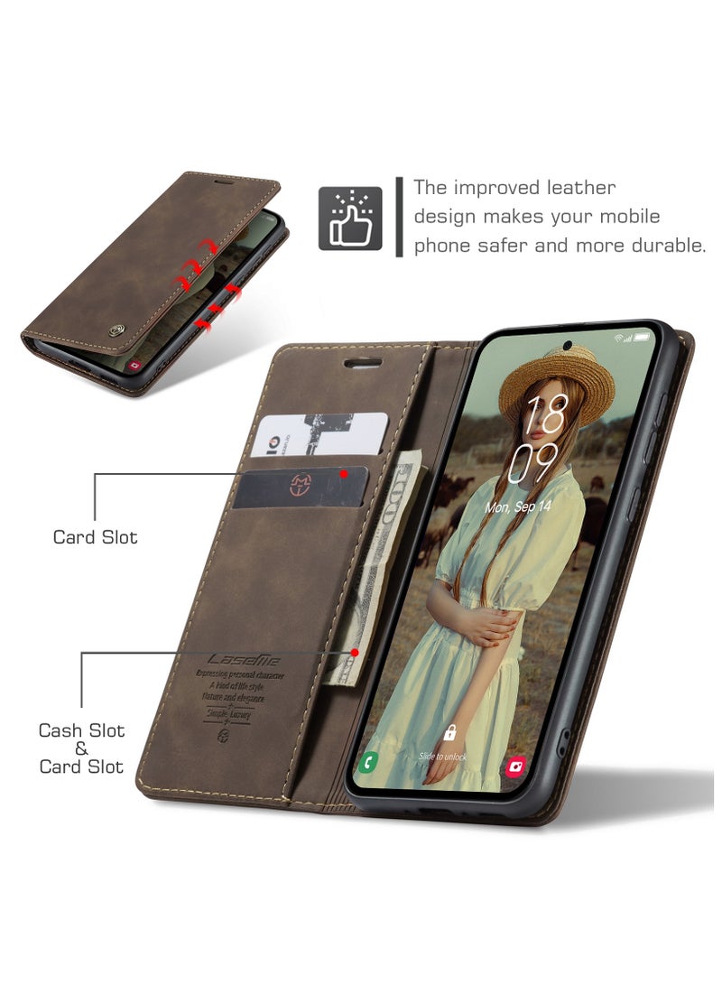 CaseMe Samsung Galaxy A55 Wallet Case Book Folding Flip Folio Case with Magnetic Kickstand Card Slots Protective Cover - Coffee - Image 3