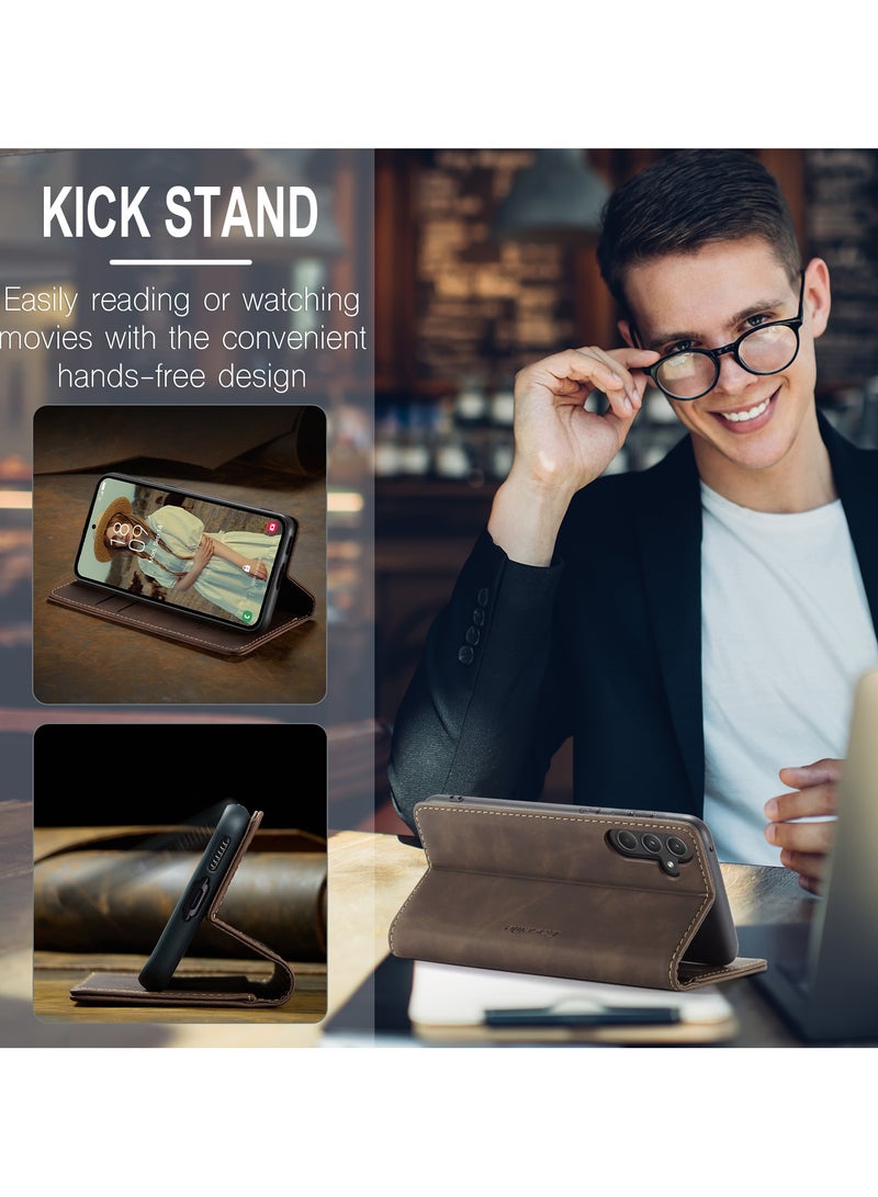 CaseMe Samsung Galaxy A55 Wallet Case Book Folding Flip Folio Case with Magnetic Kickstand Card Slots Protective Cover - Coffee - Image 4