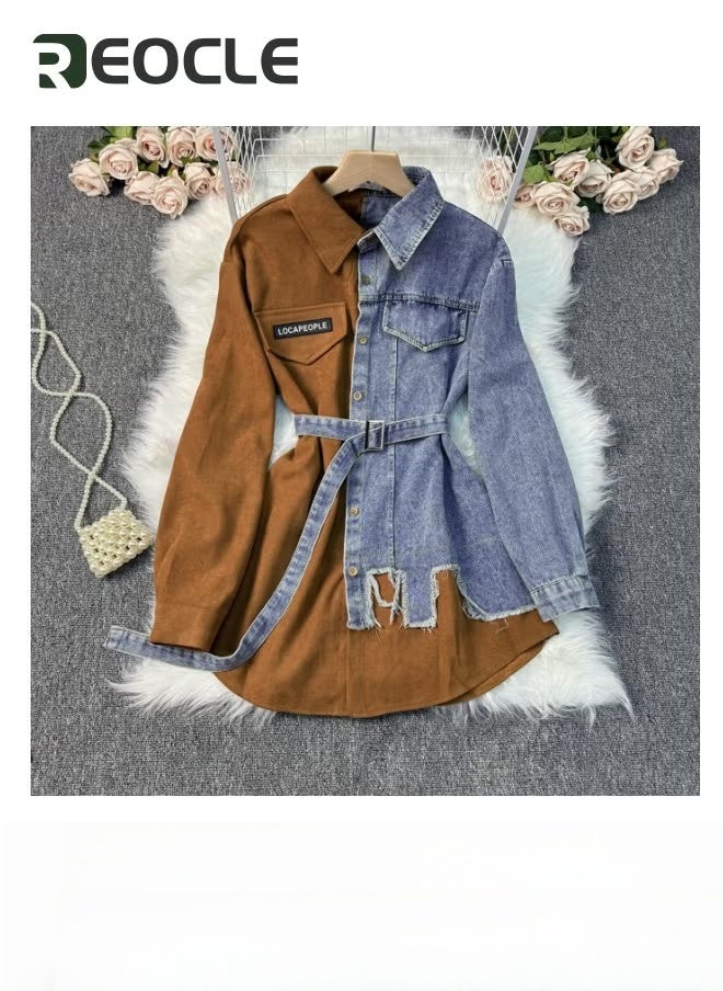 REOCLE Women's Vintage Denim Blouses Lapel Long Sleeve Slim Waist Contrast Color Shirt Casual Mid Length with Belt - Image 1