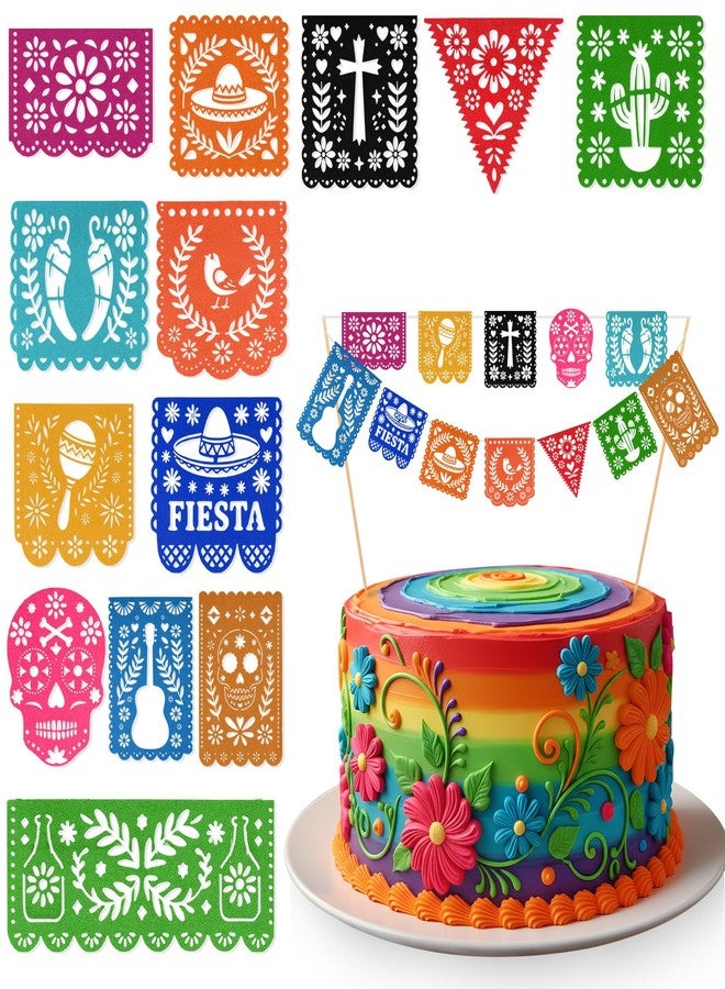 Tosstuki Rainbow Cielito Lindo Cake Decor Mini Mexican Banner Cake Toppers Mini Papel Picado Cactus Pepper and Flower for Mexican Baby Shower Birthday Wedding Party Decorations - Image 1