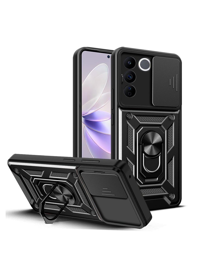 vivo V27 5G/V27 Pro 5G Mobile Phone Case Cover, Slide Camera Lens Cover + 360°Rotating Kickstand Ring + Bumper Shockproof Phone Case - Image 1