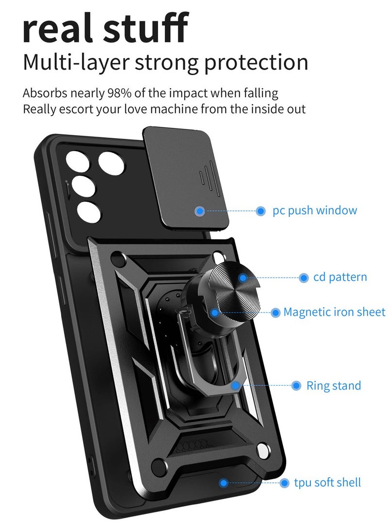 vivo V27 5G/V27 Pro 5G Mobile Phone Case Cover, Slide Camera Lens Cover + 360°Rotating Kickstand Ring + Bumper Shockproof Phone Case - Image 2