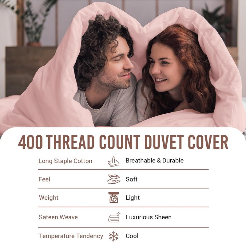 PIZUNA 100% Cotton Duvet Cover Queen Size Set 230x220 cm Light Pink, 400 Thread Count Long Staple Cotton Sateen Weave Duvet Cover Set with 2 Pillowcases (Light Pink Bedding Duvet Cover Sets) - Image 4