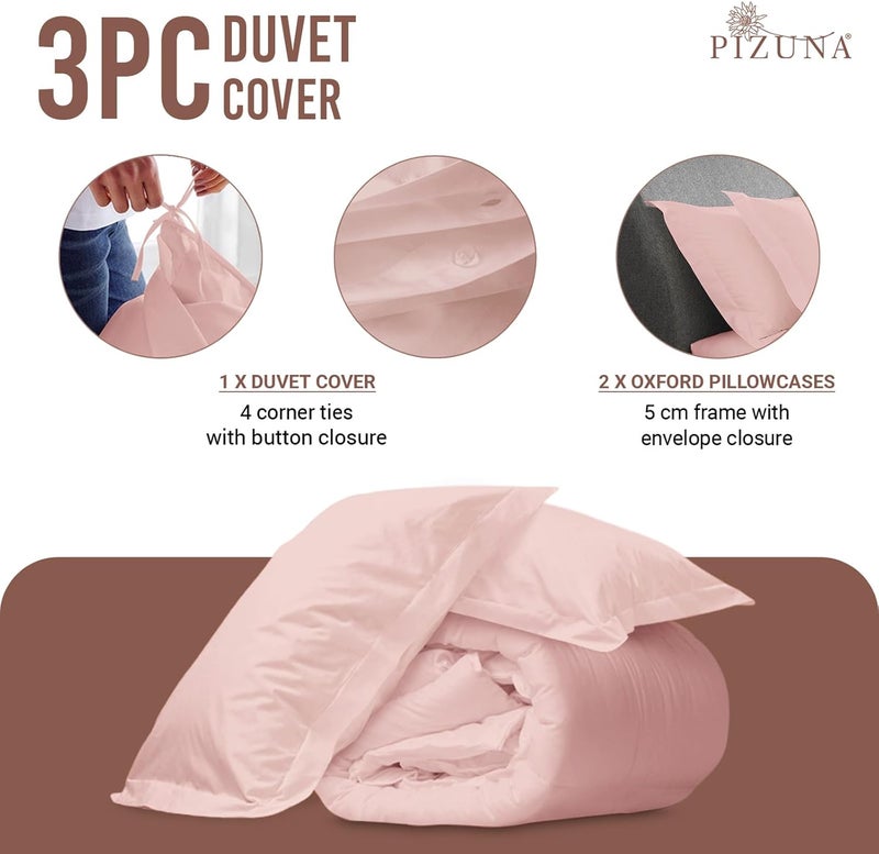 PIZUNA 100% Cotton Duvet Cover Queen Size Set 230x220 cm Light Pink, 400 Thread Count Long Staple Cotton Sateen Weave Duvet Cover Set with 2 Pillowcases (Light Pink Bedding Duvet Cover Sets) - Image 3