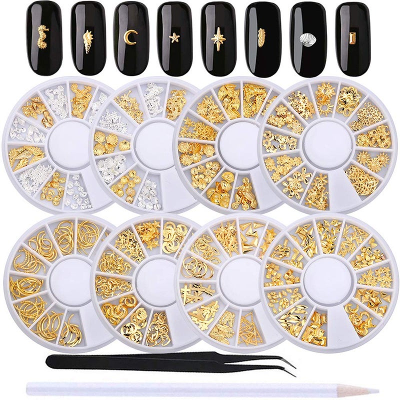 WOKOTO 8 Boxes 3D Geometry Metal Gold Nail Charms For Nail Art Studs Wheels Set MixShapeMetal Nail Jewelry Decorations Sliver Nail Rivet Set 3D Charms With 1pc Tweezers And Wax Pencil