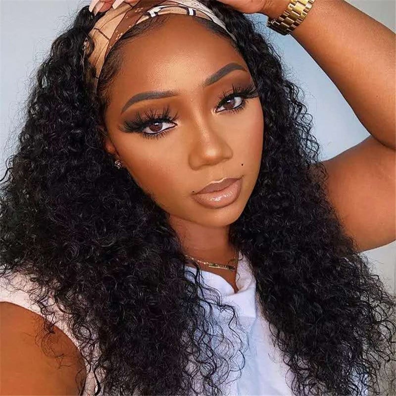 Headband Wig Deep Wave Human Hair Wig 18 inch None Lace Front Wigs for Black Women Deep Curly Wave Machine Made Wigs Natural Color