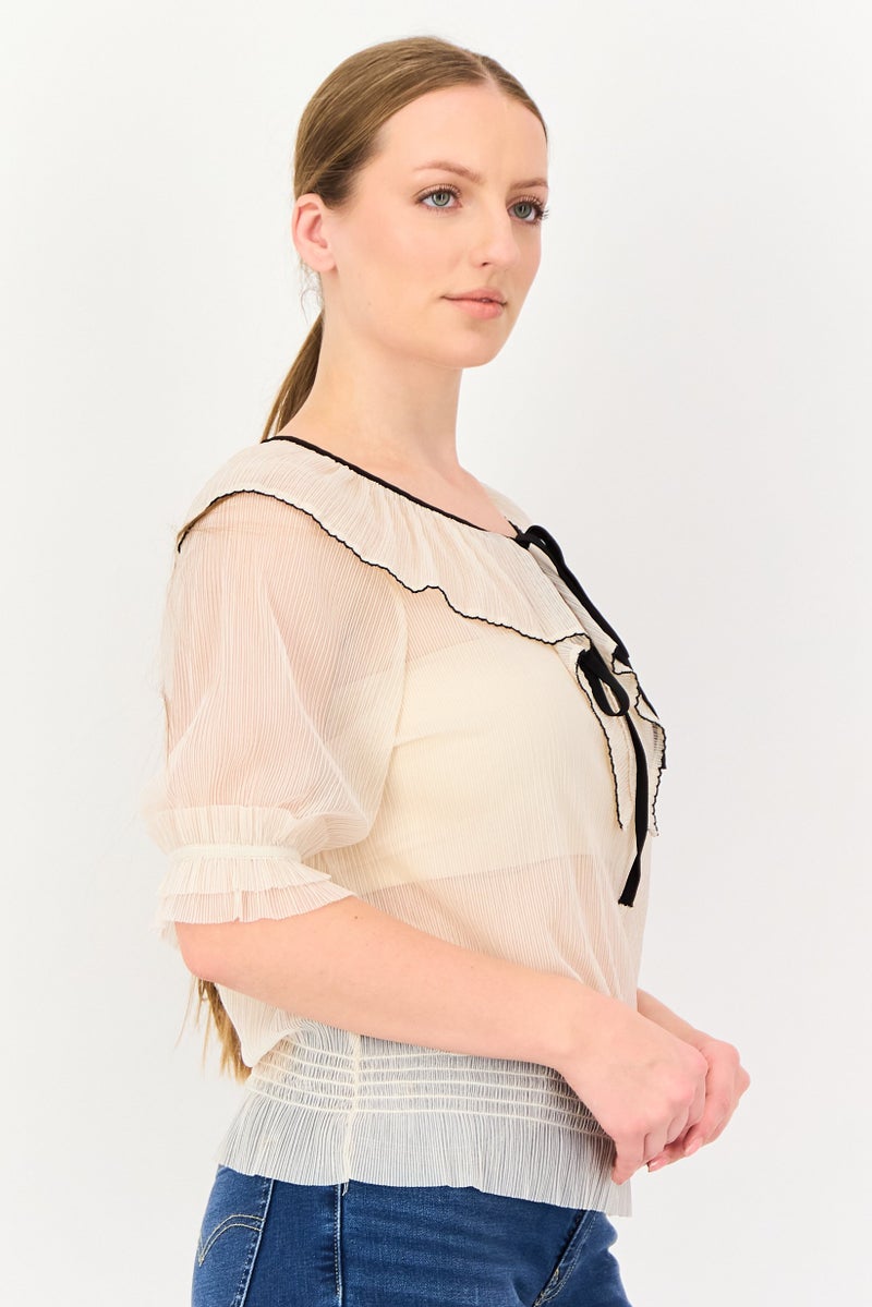 VERO MODA Women Tie Neck Short Sleeve Solid Blouse, Beige - Image 3