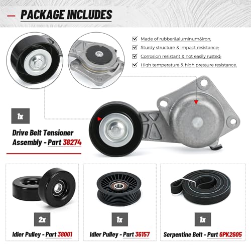 FQRANBO 38274 Serpentine Belt Drive Kit Tensioner & Idler Pulley Fits for Ford Expedition F150 F250 F350 Lincoln Navigator Mercury Mountaineer Replaces 90K-38274A 6PK2605 ACK061025 - Image 3