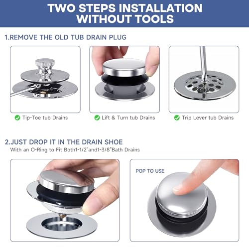 Citymoor Chrome Plated Universal Tip Toe Tub Stopper and Water Stopper, Pop Up Bathtub Drains Plug, Bathroom Bath Tub Drain Stoppers, Replaces Lift and Turn, Tip-Toe and Trip Lever drains for Tub, EZ Install - Image 4