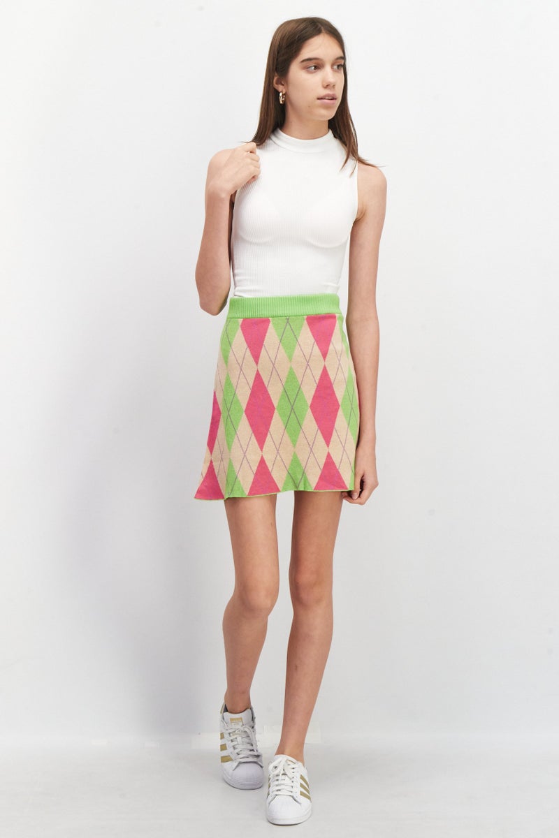 MONKI Women Knitted Midi Skirts, Green/Pink Combo - Image 2