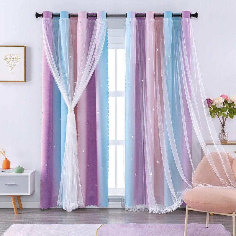 XiDi Curtains for Girls Bedroom 2 Panel Set Thermal Insulated Window Ombre Panels Rainbow Pink Drapes for Kids Room Unicorn Wall Decals Black Out Curtains 54 Inch Long PinkPurpleBlue 34x54 - Image 2