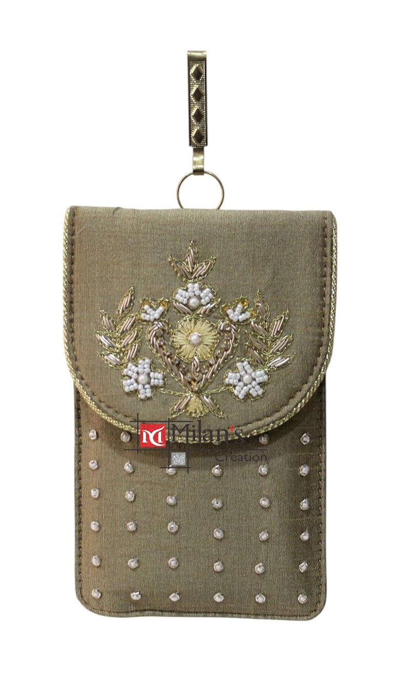 MILAN'S CREATION Mobile Pouch Zardozi & Pearls Hand Embroidery With Waist Clip Hook & Sling Chain (removable) | Ladies Women’s Handbag Wallet Sling Purse | Party Wedding Festival Giveaways Gift - Image 1