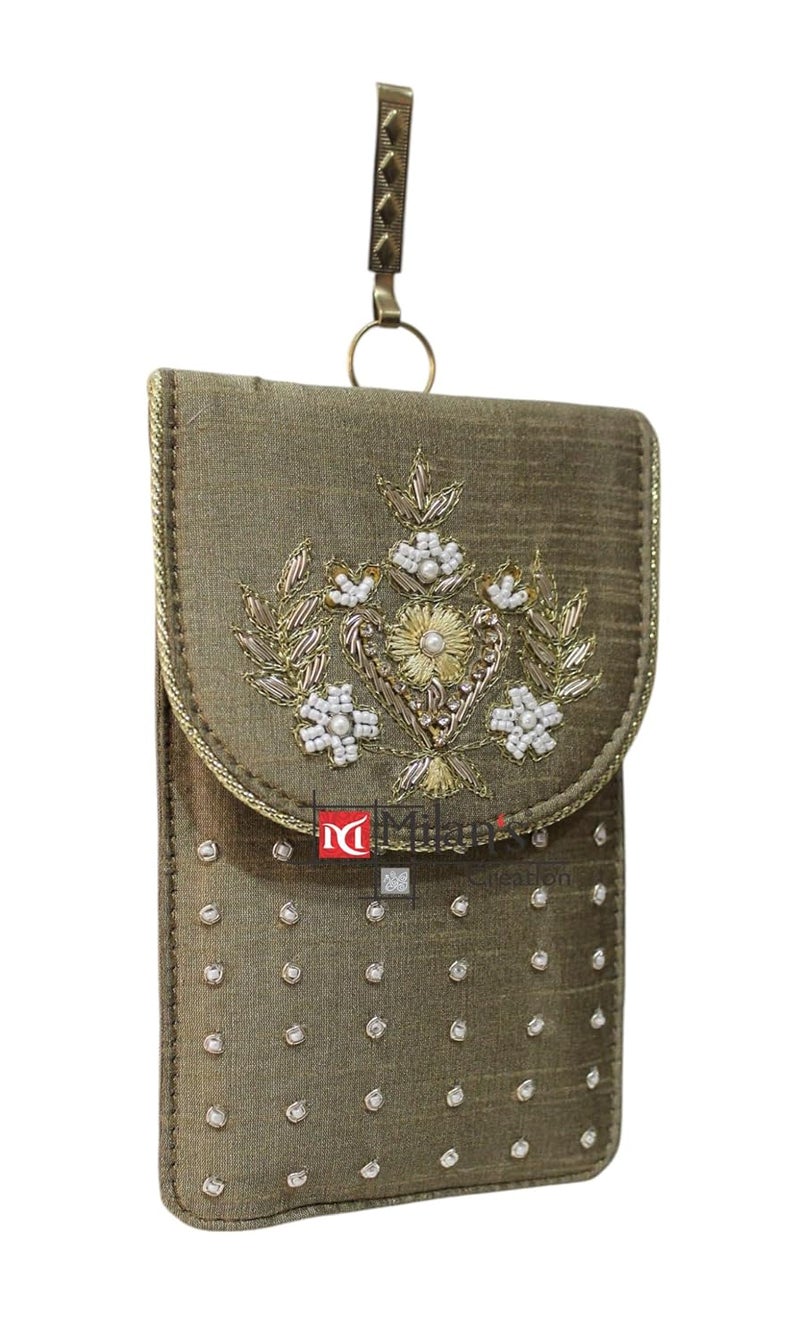 MILAN'S CREATION Mobile Pouch Zardozi & Pearls Hand Embroidery With Waist Clip Hook & Sling Chain (removable) | Ladies Women’s Handbag Wallet Sling Purse | Party Wedding Festival Giveaways Gift - Image 3