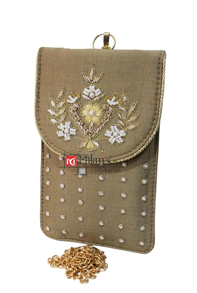 MILAN'S CREATION Mobile Pouch Zardozi & Pearls Hand Embroidery With Waist Clip Hook & Sling Chain (removable) | Ladies Women’s Handbag Wallet Sling Purse | Party Wedding Festival Giveaways Gift - Image 2