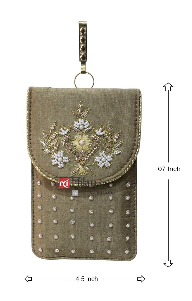 MILAN'S CREATION Mobile Pouch Zardozi & Pearls Hand Embroidery With Waist Clip Hook & Sling Chain (removable) | Ladies Women’s Handbag Wallet Sling Purse | Party Wedding Festival Giveaways Gift - Image 5
