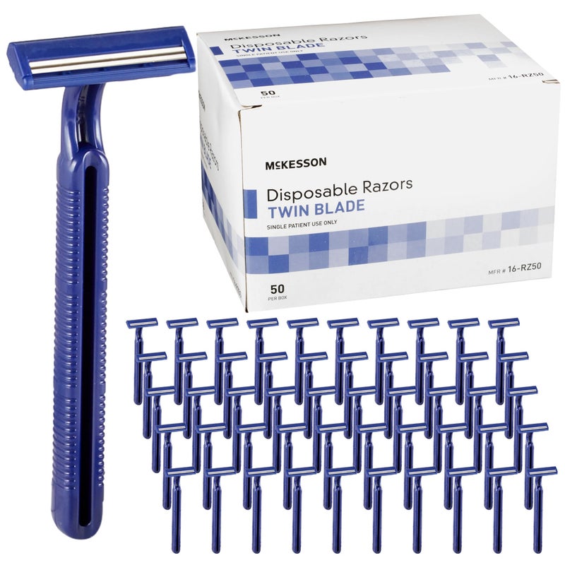 McKesson Disposable Razors [50 Count] â€“ Twin Blade Bulk Shaving Razors for Men & Women, Stainless Steel, Blue, Single-Use for Medical Clinics, Tattoo, Travel, Camping & Salon Care - Image 1