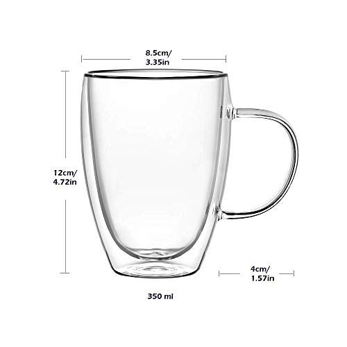 Wells 12 Oz Double Walled Glass Coffee Mugs with Handle, Insulated Layer Coffee Cups, Clear Borosilicate Glass Mugs - Gift for Cappuccino,Tea,Latte,Espresso,Hot Beverage,Cold Drinks, Set of 2 - Image 2
