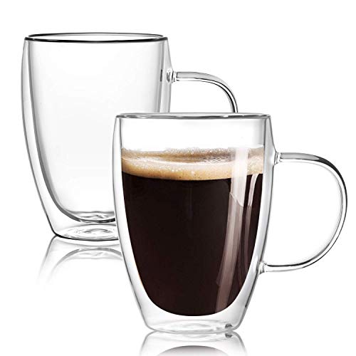 Wells 12 Oz Double Walled Glass Coffee Mugs with Handle, Insulated Layer Coffee Cups, Clear Borosilicate Glass Mugs - Gift for Cappuccino,Tea,Latte,Espresso,Hot Beverage,Cold Drinks, Set of 2 - Image 1