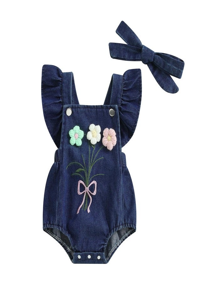 Douhoow Baby Girl Denim Romper Ruffle Flowers Embroidery Baby Girl Romper with Headband Infant Girl Summer Clothes (Blue, 12-18 Months) - Image 1