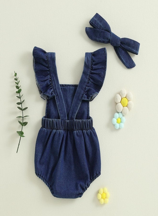 Douhoow Baby Girl Denim Romper Ruffle Flowers Embroidery Baby Girl Romper with Headband Infant Girl Summer Clothes (Blue, 12-18 Months) - Image 4