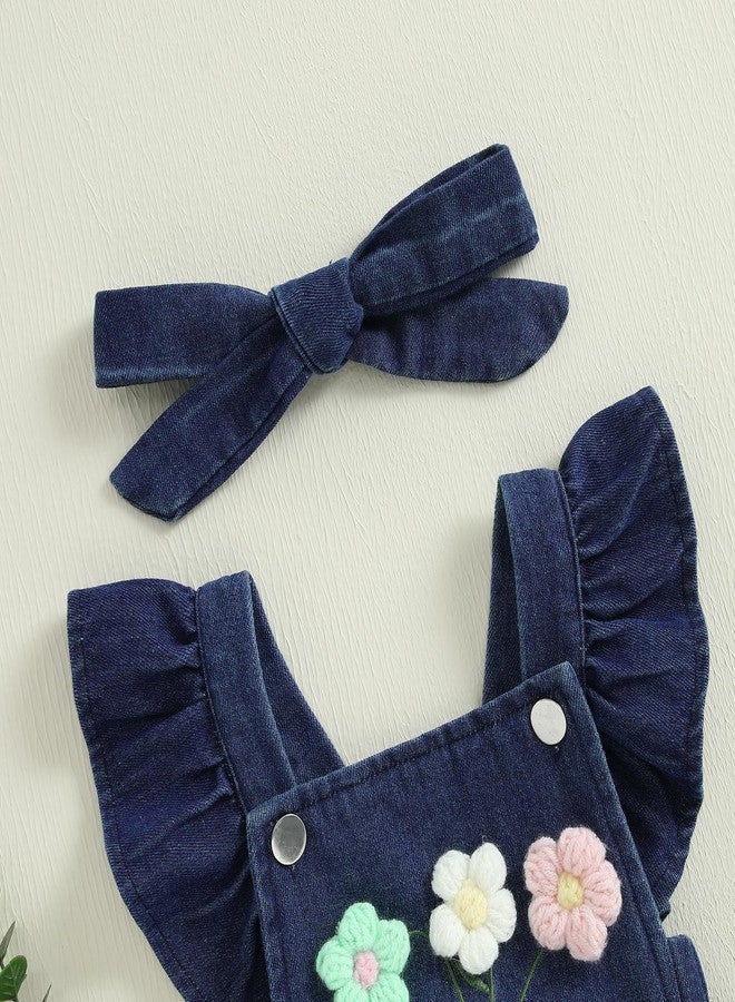 Douhoow Baby Girl Denim Romper Ruffle Flowers Embroidery Baby Girl Romper with Headband Infant Girl Summer Clothes (Blue, 12-18 Months) - Image 5