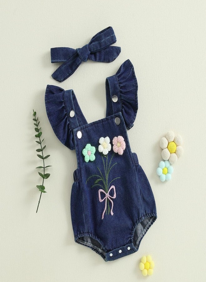 Douhoow Baby Girl Denim Romper Ruffle Flowers Embroidery Baby Girl Romper with Headband Infant Girl Summer Clothes (Blue, 12-18 Months) - Image 3