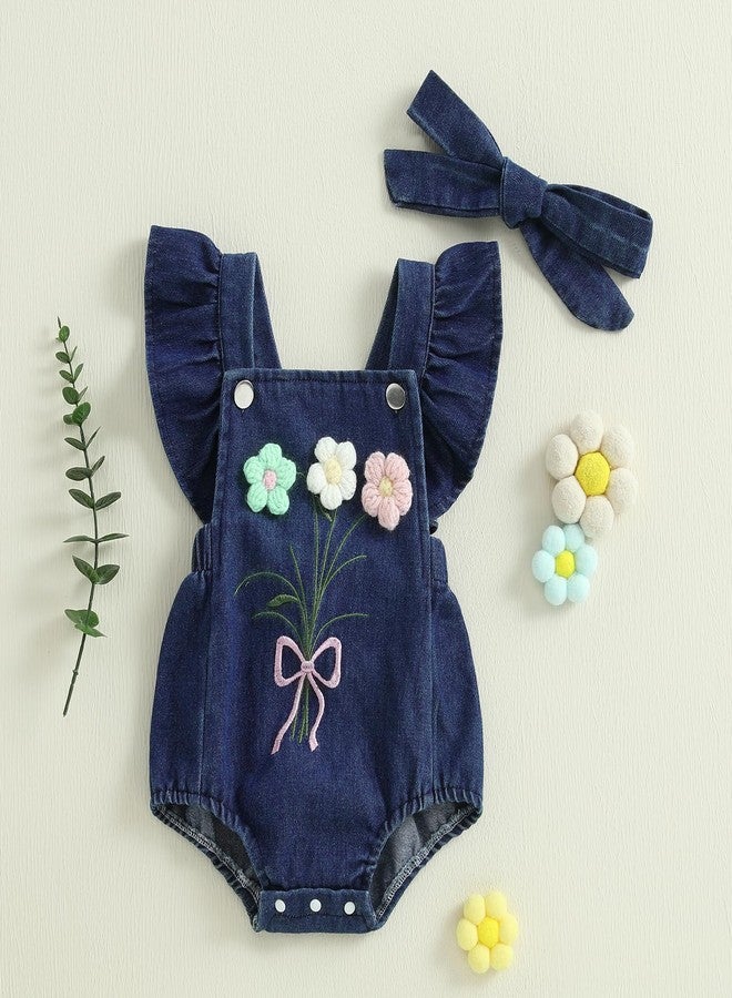 Douhoow Baby Girl Denim Romper Ruffle Flowers Embroidery Baby Girl Romper with Headband Infant Girl Summer Clothes (Blue, 12-18 Months) - Image 2