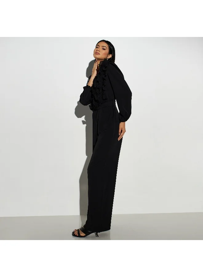 2Xtremz 2Xtremz Ruffle Detail V-neck Jumpsuit with Tie-Up Belt