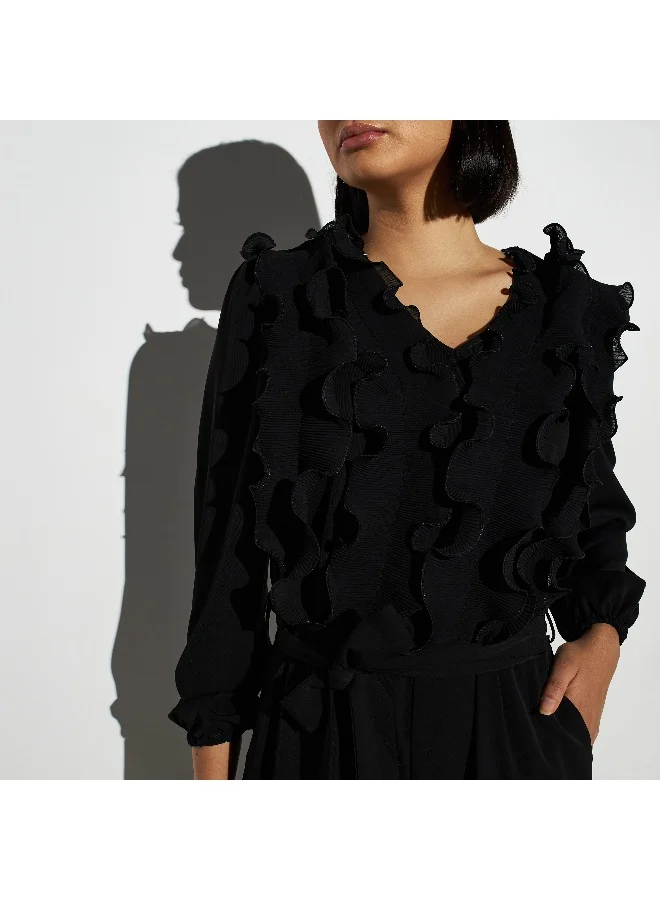 2Xtremz 2Xtremz Ruffle Detail V-neck Jumpsuit with Tie-Up Belt