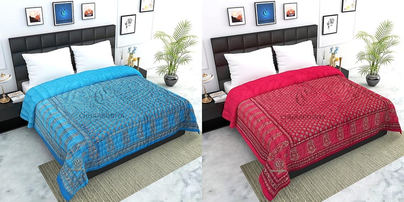 LILFLY Organic Cotton Jaipuri Razai Bed Blanket Ac Quilt for Winter and Summer Soft Light Weight Rajasthani Traditional Rajai Cotton Comforter Single Bed Quilt Pack of 2 M18 - Image 3