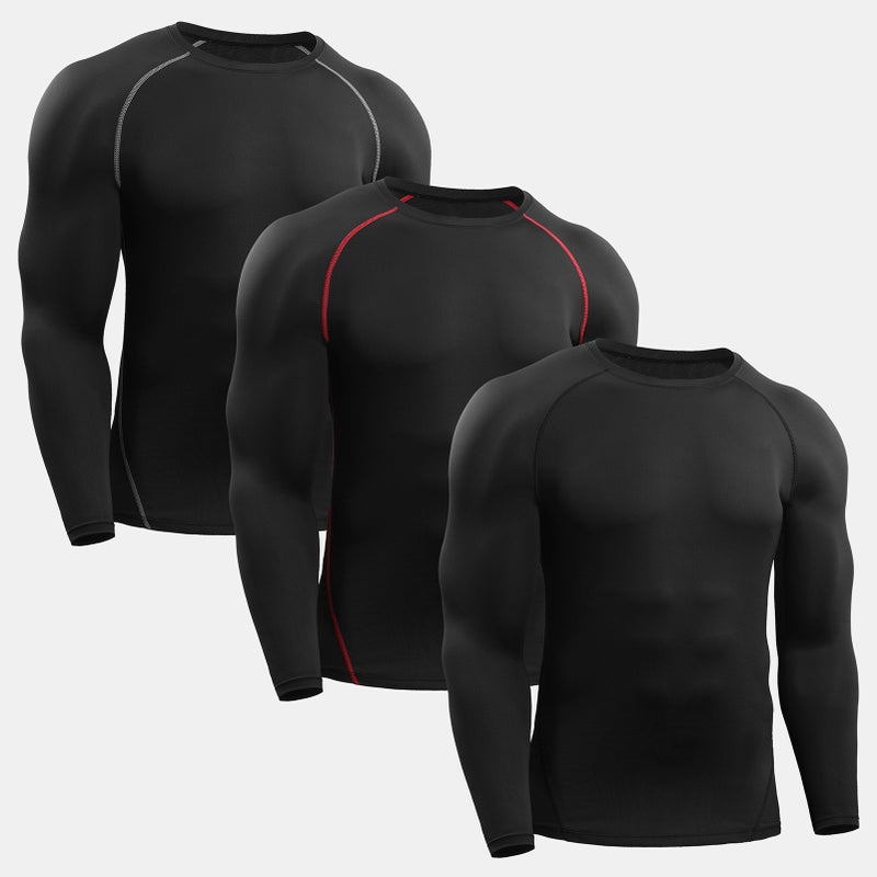 Men Compression Shirts 3 PCS Elastic Quick Dry Base Layer O-Neck Long Sleeve Sport T-Shirt Tops Workout Fitness - Image 1