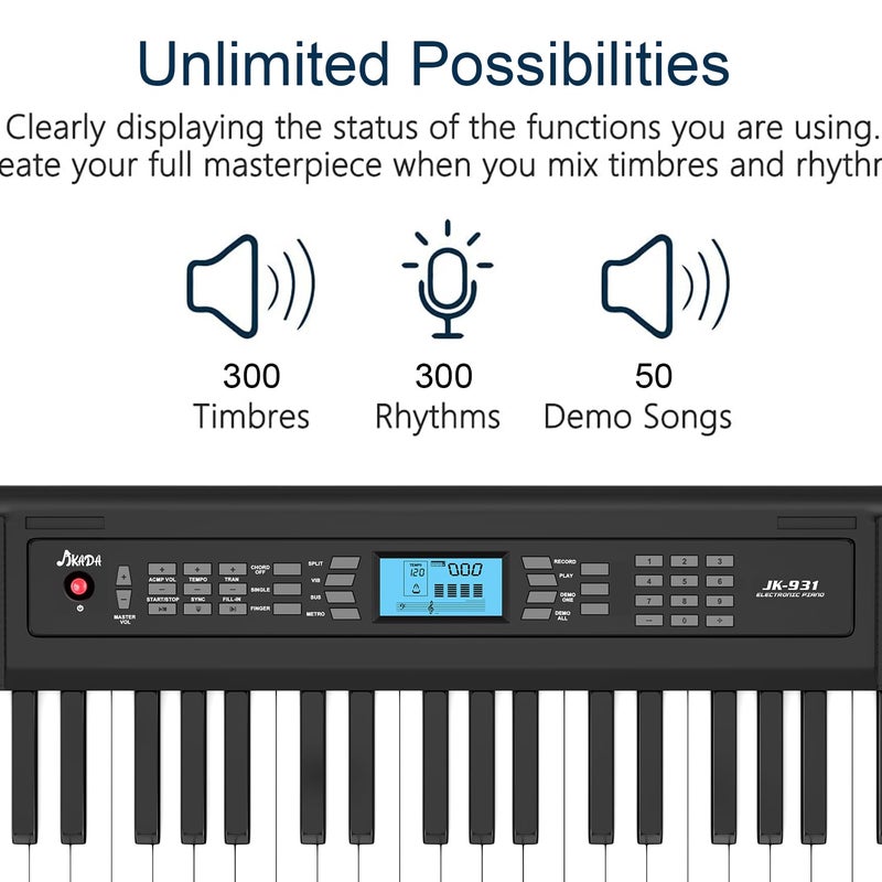 JIKADA 61 Key Keyboard Piano, Portable Electric Piano Keyboard w/LCD Screen, Built-In Speakers, Headphones, Stand, Stool, Music Rest, Microphone, 300 Timbres, 300 Rhythms - Image 2