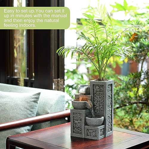 Kalona Indoor Tabletop Water Fountain – 3-Tier Resin Waterfall with LED Lights, Mini Bonsai Planter & Cascading Water Flow – Soothing Desk Fountain for Home, Office, Meditation Decor​(22024) - Image 4