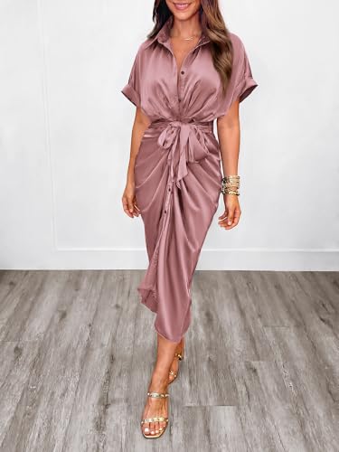 BTFBM Dresses for Women Summer Button Short Sleeve Silk Satin Ruched Spring Maxi Dress 2026 Cocktail Party Wedding(Pink, Medium) - Image 2