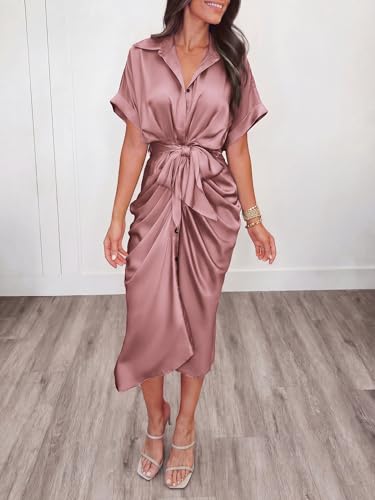 BTFBM Dresses for Women Summer Button Short Sleeve Silk Satin Ruched Spring Maxi Dress 2026 Cocktail Party Wedding(Pink, Medium) - Image 3