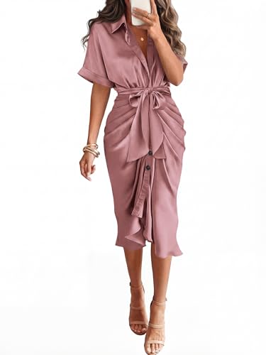 BTFBM Dresses for Women Summer Button Short Sleeve Silk Satin Ruched Spring Maxi Dress 2026 Cocktail Party Wedding(Pink, Medium) - Image 1