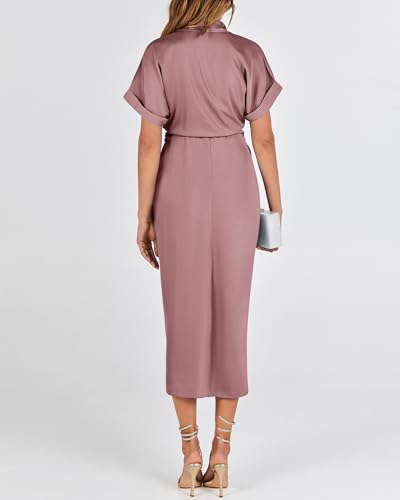 BTFBM Dresses for Women Summer Button Short Sleeve Silk Satin Ruched Spring Maxi Dress 2026 Cocktail Party Wedding(Pink, Medium) - Image 5