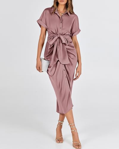 BTFBM Dresses for Women Summer Button Short Sleeve Silk Satin Ruched Spring Maxi Dress 2026 Cocktail Party Wedding(Pink, Medium) - Image 4