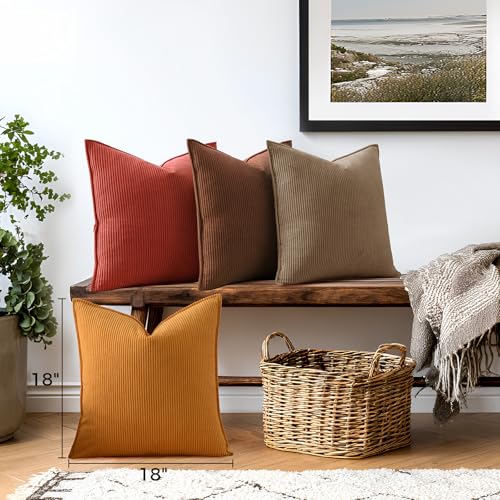 Fuhana Throw Pillow Covers 18x18 Inch Corduroy Set of 4 Decorative Couch Summer Throw Pillow Cases Square Farmhouse Boho Velvet Cushion Covers for Sofa Bed Living Room Home Decor Maillard Tones - Image 2