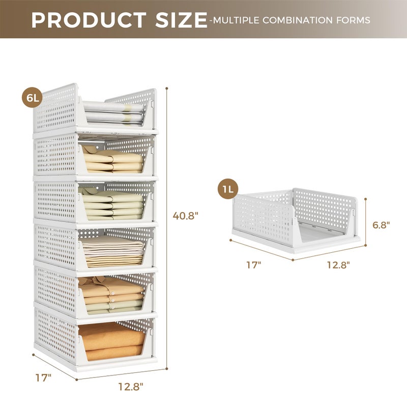 Pinkpum 6 Pack Closet Organizers Storage Bins, Stackable Plastic Drawer Basket for Clothing, Stackable Storage Bins Shelf Storage Container for Closet Wardrobe Bedroom Bathroom Office White - Image 2