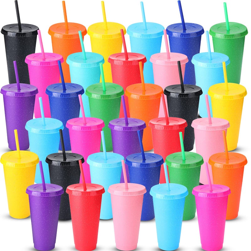 Potchen 36 Pcs Glitter Reusable Tumbler with Straws and Lids Plastic Cup with Lids and Straws Bulk Water Bottle Iced Coffee Cold Drink Travel Mug Colorful Cups for Party Birthdays