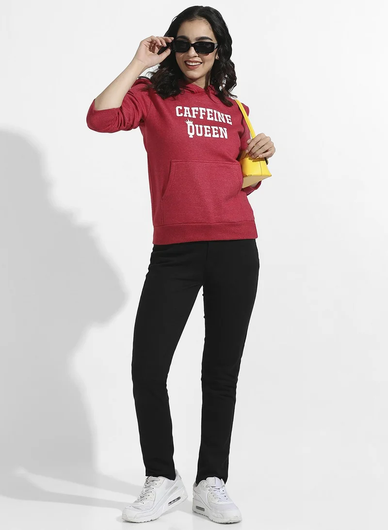 Campus Sutra Women's Rose Red Caffeine Queen Pullover Hoodie For Casual Wear | Hooded Neck | Long Cuffed Sleeves | Pull On Closure | Sweatshirt Crafted With Comfort Fit For Everyday Wear