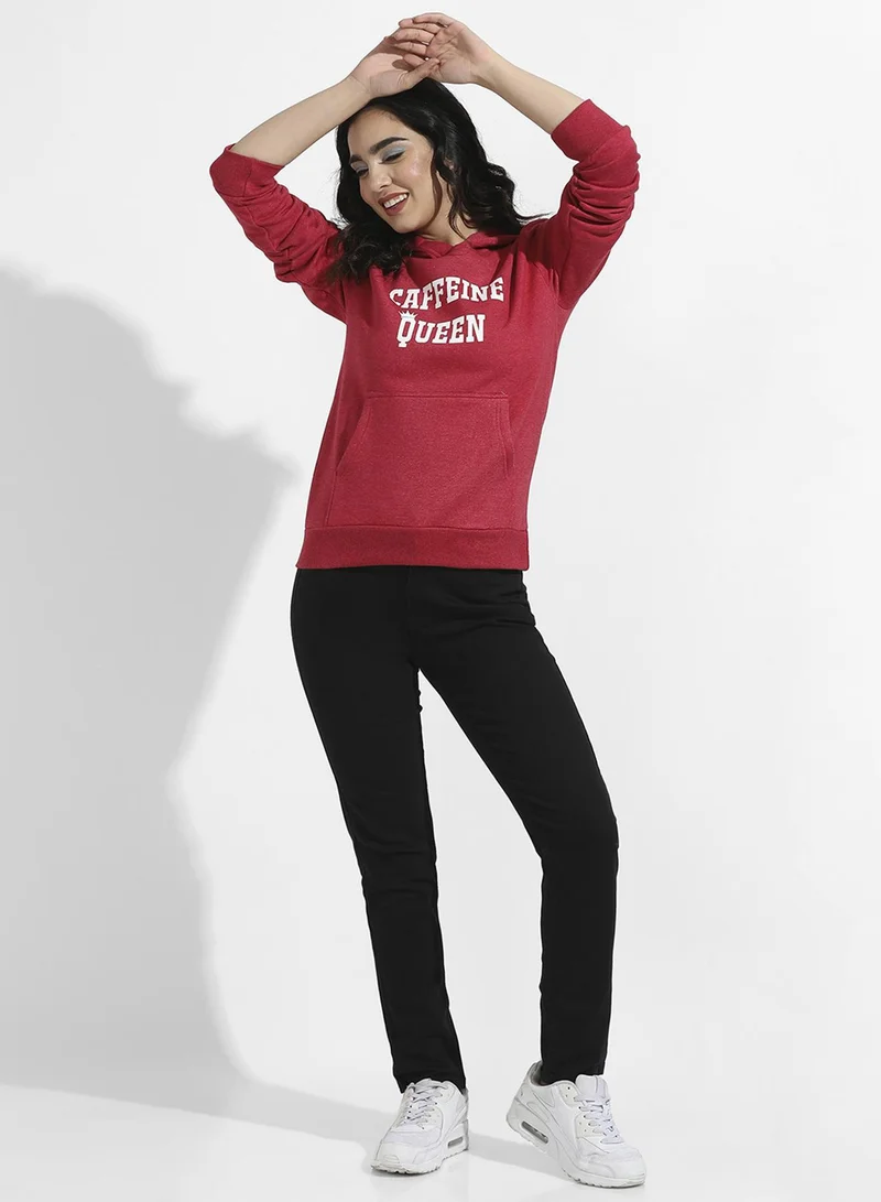 Campus Sutra Women's Rose Red Caffeine Queen Pullover Hoodie For Casual Wear | Hooded Neck | Long Cuffed Sleeves | Pull On Closure | Sweatshirt Crafted With Comfort Fit For Everyday Wear