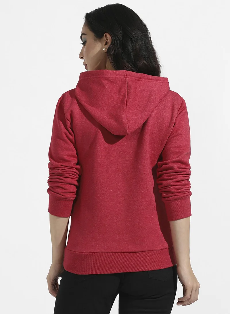 Campus Sutra Women's Rose Red Caffeine Queen Pullover Hoodie For Casual Wear | Hooded Neck | Long Cuffed Sleeves | Pull On Closure | Sweatshirt Crafted With Comfort Fit For Everyday Wear
